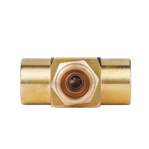Front view of Heavy Duty Brass Instrument Needle Valve Replacement Set For Precise Flow Control One Quarter NPT Female To One Quarter NPT Female Connections Golden Finish, showcasing brass construction and central valve mechanism.