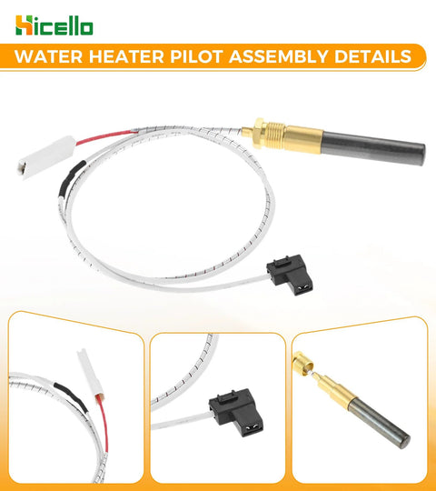 Gas minivolt thermopile generator replacement for Bradford White water heater with pilot cable, 2-pin connector, brass probe