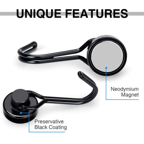 Black coated hook showing neodymium magnet and preservative features.