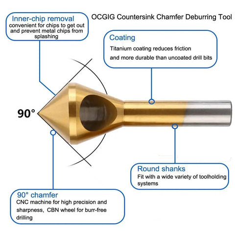 Front view of titanium-coated countersink chamfer tool showing 90-degree point with durable round shank for metal, wood, and plastic.