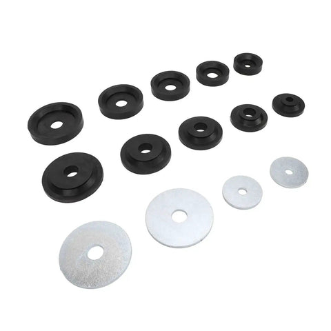 Sheet Metal Dimple Die Set 14 Pc Backing Disc Kit for Harbor Hydraulic Punch Driver with flared hole dies displayed on white background