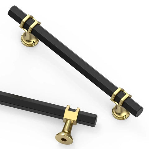 10 Pack 5 Inch Matte Black And Gold Kitchen Cabinet Handles, close-up view showcasing durable zinc alloy construction.