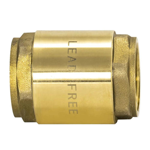 Brass inline check valve, 1 in IPS threaded connection, lead-free body, stainless steel spring