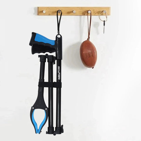 Extra Long Grabber Reacher Tool Set 38 Inch And 44 Inch Extendable Reachers For Seniors And Disabled With Lightweight Construction And Ergonomic Grip No Bending Hassle Easy Pickups In Hard To Reach Areas GrabRunner Blue hanging on wall