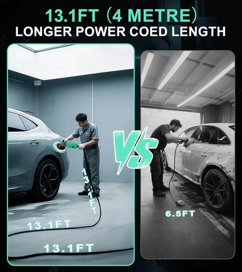 Comparison of 13.1ft versus 6.5ft cord length for 1600W Car Buffer Polisher With 7 Inch And 6 Inch Pads Pure Copper Motor Variable Speed 1000 To 3500 RPM Heavy Duty Car And Boat Polishing Kit With Ultra Long Cord For Waxing Buffing And Detailing
