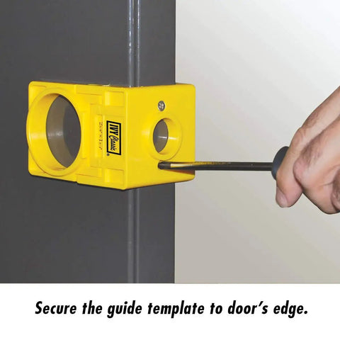 Bi-Metal Lock Installation Kit With Adjustable Guide Template mounted on door for precise drilling