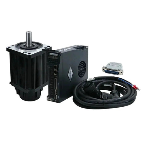 Servo motor and drive controller kit with cable and DB-style connector; black finned housing