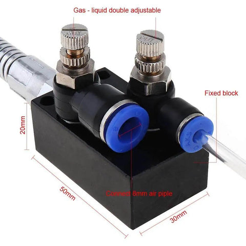 Mist Coolant Lubrication Spray System For CNC Machines With Metal Nozzle And Check Valve close-up view showing adjustable valves