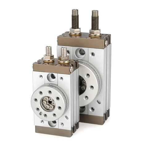 MSQB rotary pneumatic air cylinder rack-and-gear actuator, front view, aluminum bodies, two units