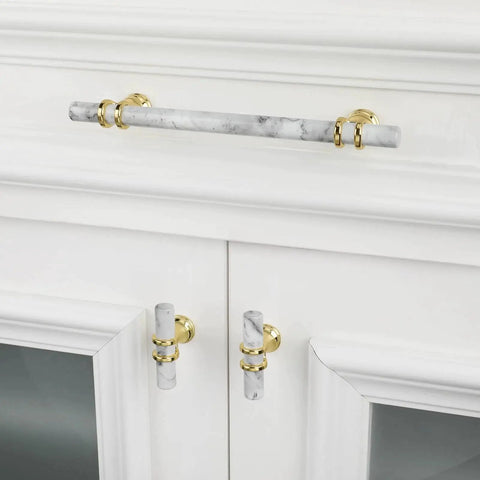 White Marble And Gold Drawer Pulls Set, 10 Pack, 3 Inch Center Hole T Bar Zinc Alloy Cabinet Handles installed on white cabinet