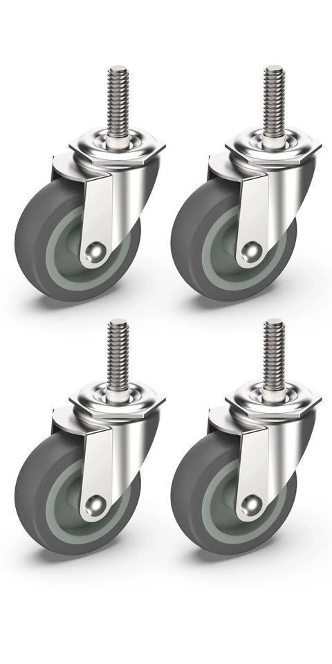 Set of 4 grey 3 inch swivel caster wheels with no brake, 3/8 inch 16 UNC x 1 1/2 inch stem, heavy duty steel housing, for cart mobility