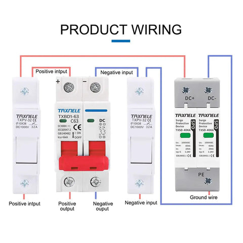 Product wiring guide for 2P 1000V 63A Solar DC Mini Circuit Breaker With Thermal Magnetic Trip, DIN Rail Mount DC Disconnect Switch.
