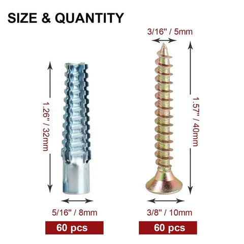 60 Pack Hollow Wall Anchors With Screws For Concrete And Drywall Heavy Duty Steel Expansion Bolts Zinc plated, size details visible.