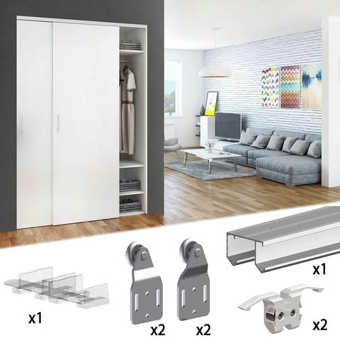 Sliding Closet Door Hardware Kit With 47 Inch Double Track For Two Bypass Doors Up To 100 Lbs Per Door Ceiling Mounted Top Hung Track Cut To Fit Five Eighths To One And A Half Inch Doors In Silver Finish, showing components including track and brackets.