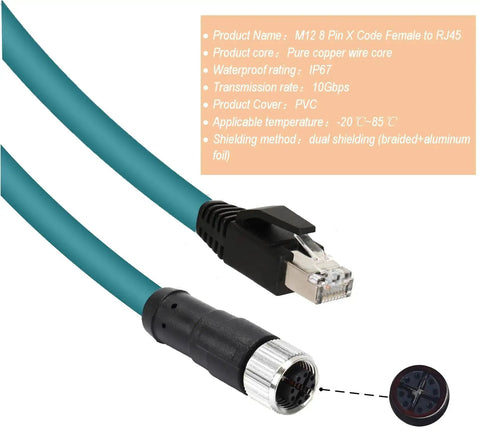 M12 X Coded 8 Pin Female To RJ45 Cat7e Ethernet Patch Cable For Industrial Automation, IP67, gold-plated contacts, close-up view