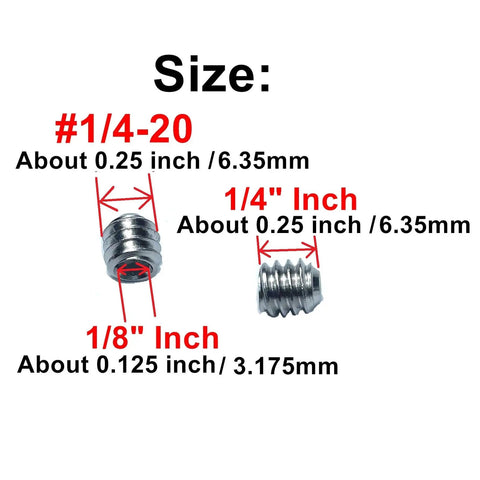 Premium 50 Piece 304 Stainless Steel Hex Socket Set Screws One Quarter By Twenty Thread One Quarter Inch Long With Allen Head Includes One Eighth Inch Wrench A True Workhorse For Grub Screws And Machinery with size details in inches and millimeters.