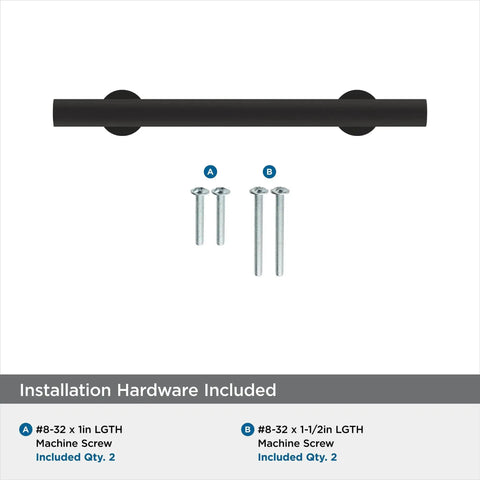 Top view of matte black radius cabinet pull with installation hardware, 3.75 inch center-to-center, five and three quarters inch length.