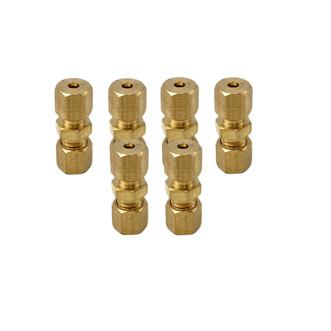Six brass 1/8 in compression couplings for air lines, 1/8 OD x 1/8 OD