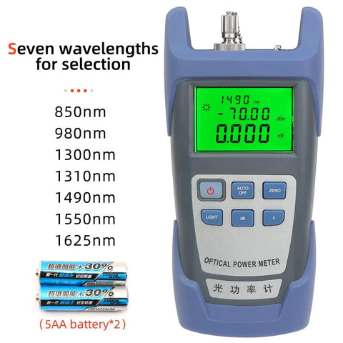 Optical power meter handheld device, blue body with green LCD display, includes two batteries