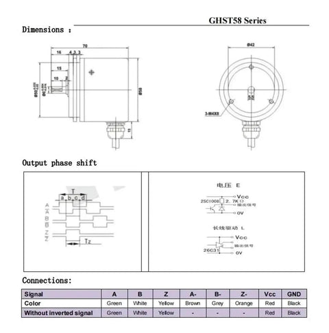 Technical diagram for Pro Grade 3600 PPR Rotary Servo Encoder With 6mm Shaft HTL 5-26V Operation GHST58 with dimensions and connections.