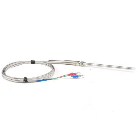 K-type thermocouple with 100mm stainless probe and 2m braided stainless sheath; red and blue leads