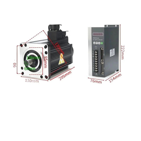 Servo motor and drive module; front view shows 130/1.5kW permanent magnet AC motor with shaft and flange, drive with terminal blocks.