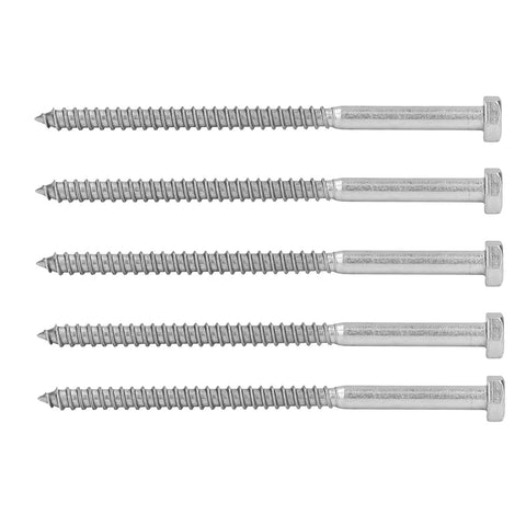 Front view of Rugged A2 70 Stainless Steel Hex Lag Screws Self Tapping Wood Screws For DIY Carpentry And Wood Structures.