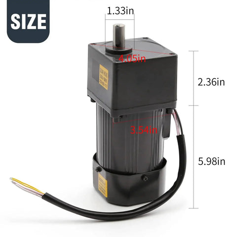 Versatile Adjustable Variable Gear Reducer Motor 90W 110V 75RPM with size dimensions and speed controller cables shown.