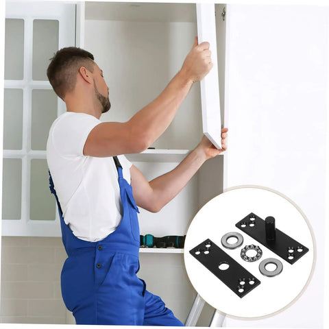 Man installing cabinet using 360 Degree Hidden Door Hinge Rotating Stainless Steel Pivot Hinge For Concealed Doors shown in close-up