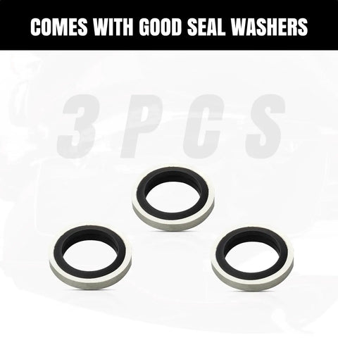 Brake seal washers, metal with black rubber inner rings, top-down view, 3-pack
