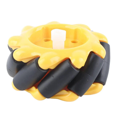 Rubber Coated 60Mm Yellow Black Mecanum Wheel Set For 4 Wheel Drive DIY Robots And Auto Projects, side view.