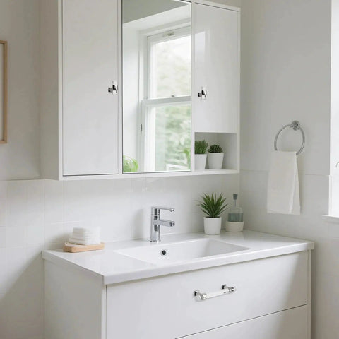 5 Pack Polished Chrome Acrylic Cabinet Pull Handles For Kitchen Drawers And Bathroom Cabinets installed on white vanity