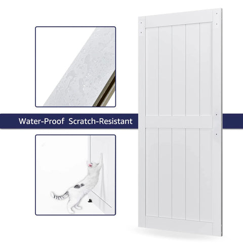 36-Inch By 84-Inch MDF Sliding Barn Door With 6.6-Foot Hardware Kit And Handle, Pre-Drilled Holes For No-Fuss Assembly, Solid White Door Slab With Waterproof PVC Surface, H-Frame Style showing waterproof and scratch-resistant features.