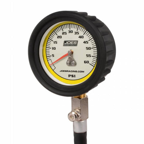Joes Racing Pro Tire pressure gauge, 0-60 psi, analog, white dial, 2.5 in diameter, black housing with brass hose fitting