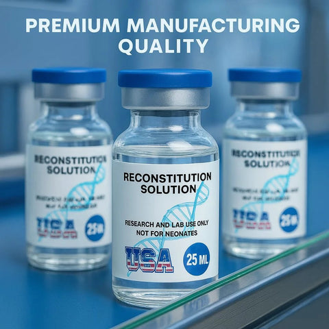 Three 25 ml glass vials with blue caps labeled Reconstitution Solution, USA, for research and lab use.