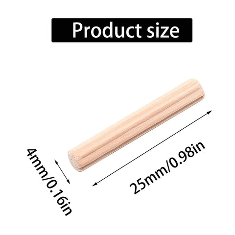 Image of a single 4mm by 25mm dowel pin with fluted beveled ends from a 48 pack, shown with dimensions for tight wood joints.