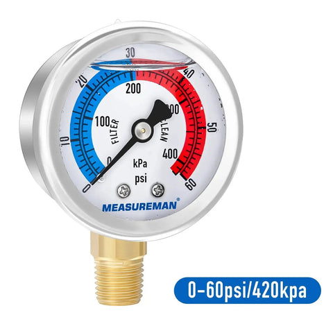 Glycerin Filled 2-Inch Dial Pool Filter Pressure Gauge With 304 Stainless Steel Case And Brass Wetted Parts, showing 0-60 Psi
