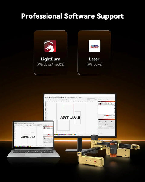 Foldable 7W Laser Engraver With 0.01mm Precision connected to computer, showing compatible software LightBurn and Laser.
