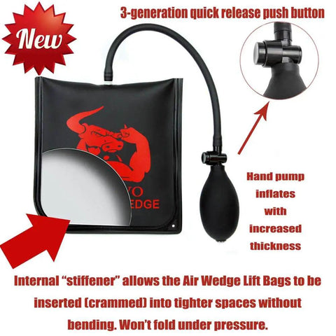 Black Beefy Heavy Duty Three Piece Air Wedge Bag Pump Kit with hand pump, used for lifting and aligning surfaces.
