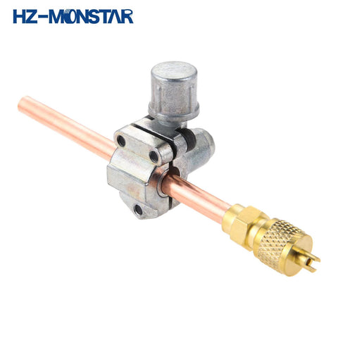 HZ-MONSTAR piercing valve kit on copper tubing with brass compression connector for 1/4" SAE fittings.
