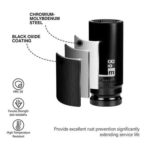 Deep 22 Millimeter 6 Point Impact Socket For One Half Inch Drive In Chromoly Steel, showing black oxide coating layers.