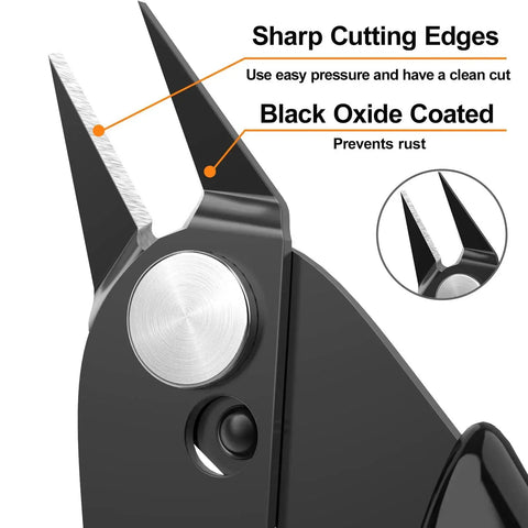Close-up of Flush Cut Micro Wire Cutter 2 Pack for Jewelry Making Electronics Beading Wire Zip Ties and Model Building 5 Inch Nippers with sharp cutting edges and black oxide coating for rust prevention.