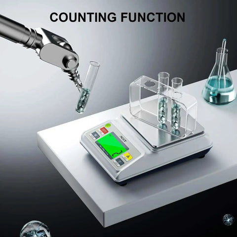 Ultra Precision 3000g Capacity Analytical Balance Lab Scale With 0.1g Readability showing counting function with test tubes