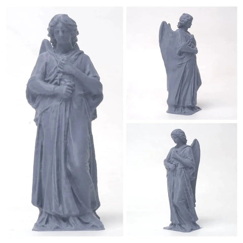 Grey 3D-printed angel statue using PLA Plus 1.75mm Filament 1kg Grey With Clog-Free Winding And High Precision, front and side views
