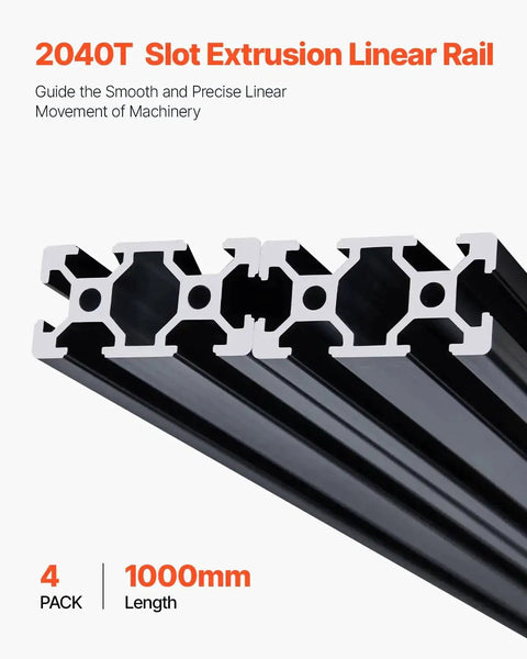 Four 39.4 Inch T Slot 2040 Aluminum Extrusion Profiles With Anodized Linear Rails European Standard Heavy Duty DIY Kit For 3D Printers CNC Machines And Laser Engraving Black, showing close-up of profile.