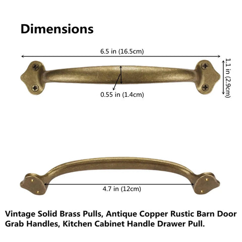 Dimensions of Vintage Solid Brass Pulls In Antique Copper Finish, Rustic Barn Door Handles For Cabinets And Drawers, 6.5 Inch Length