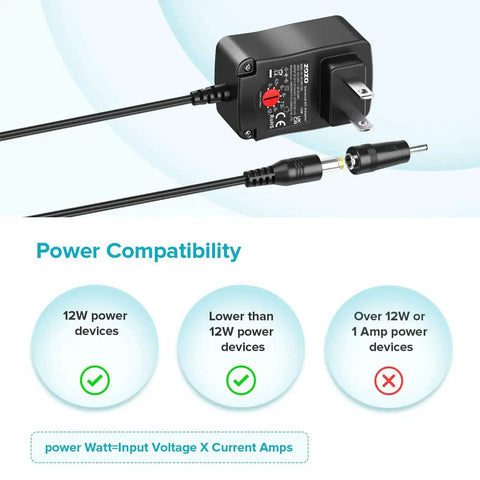 Universal AC DC Power Adapter 12W With 8 Tips 5.5x2.1mm And 5.5x2.5mm Micro USB Output showing power compatibility