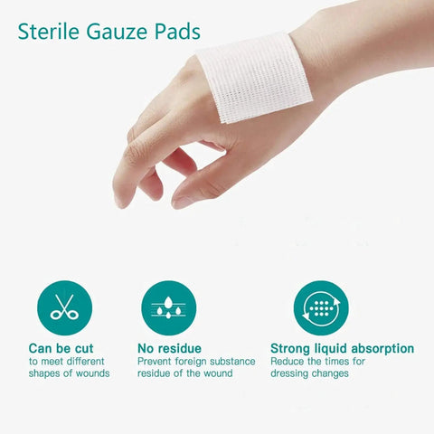 Hand with sterile gauze pad demonstrating use in Complete 77 Piece First Aid Kit Refill Supplies Pack For Home Office Travel And Outdoors