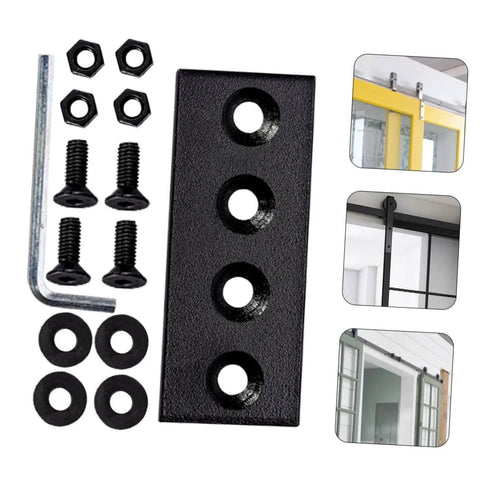 Track Mending Plates Heavy Duty Bracket Connector For Barn Door Tracks Seamless Repair For Sliding Doors And Furniture Durable Carbon Steel 4 Hole Brace Plates with screws and installation examples.
