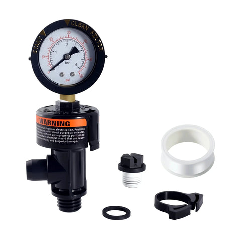 Air relief valve with pressure gauge for Pentair pool filter; black valve body with white adapter ring and fittings